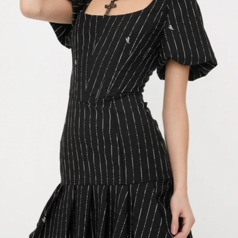 NWT I.AM.GIA Chelsey Pinstripe Puff Sleeve Corset Mini Dress in Black